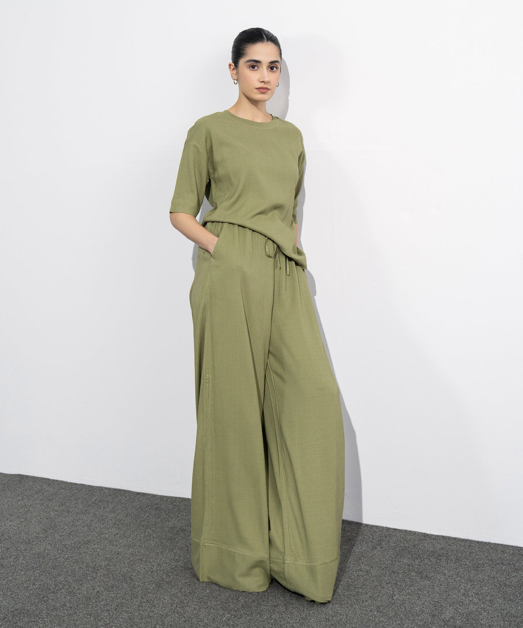 Seersucker Wide Leg Trousers