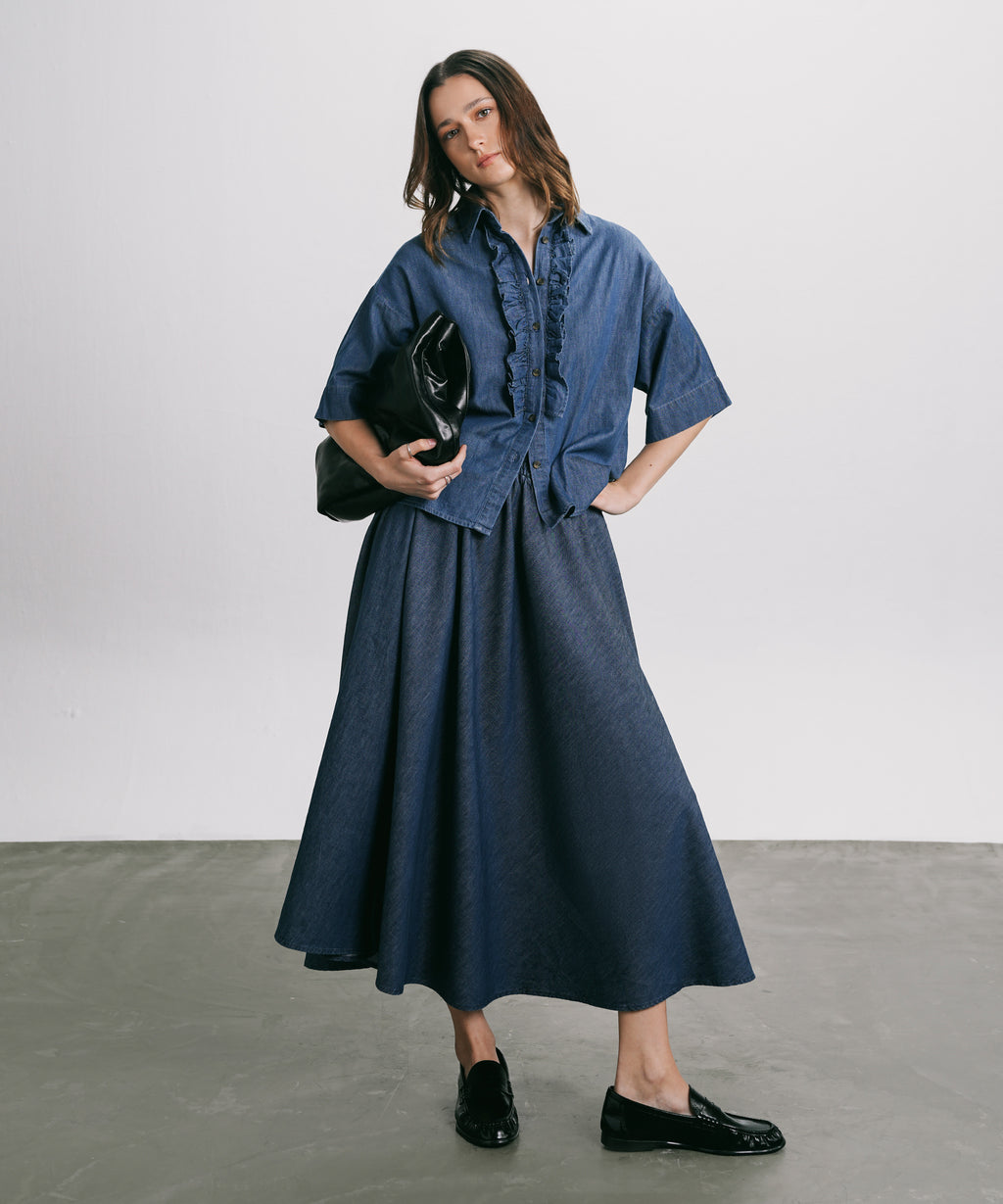 Women's Western Wear Medium Wash Flared Denim Skirt 