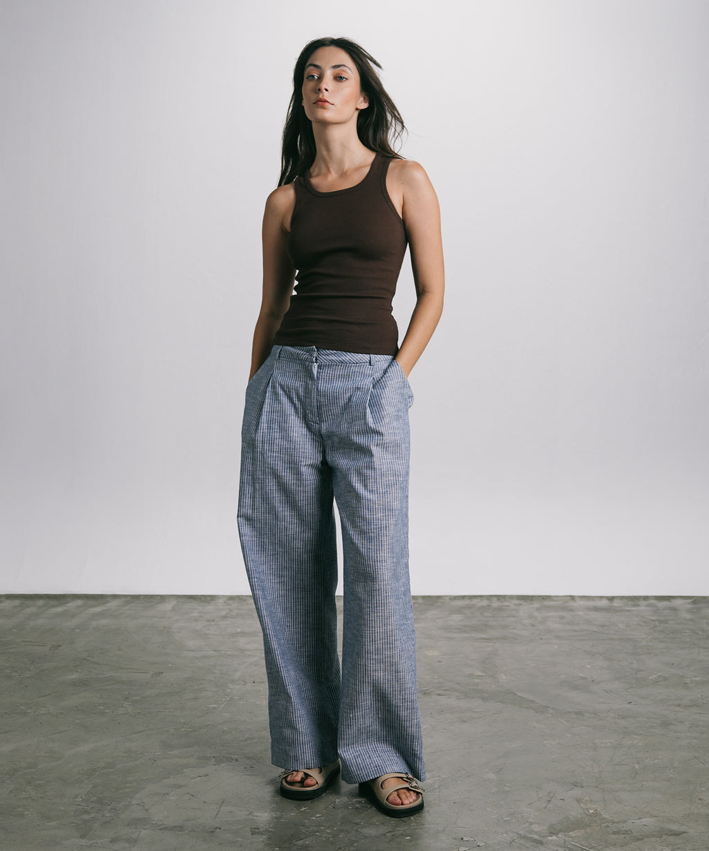 Women's Western Wear Blue Straight Fit Pleated Trouser