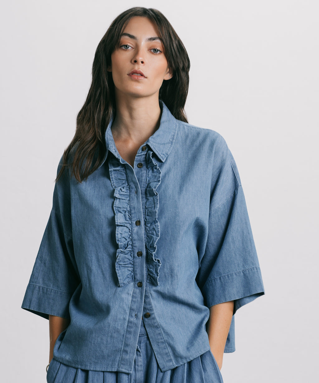 Women's Western Wear Blue Denim Shirt With Neck Frill