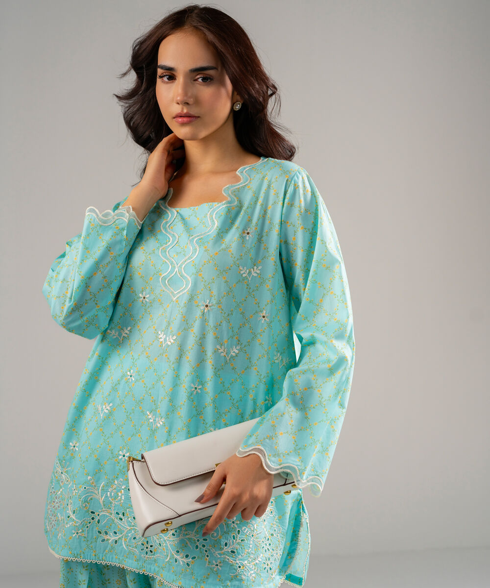 Women's RTW Lawn Embroidered Turquoise Straight Shirt