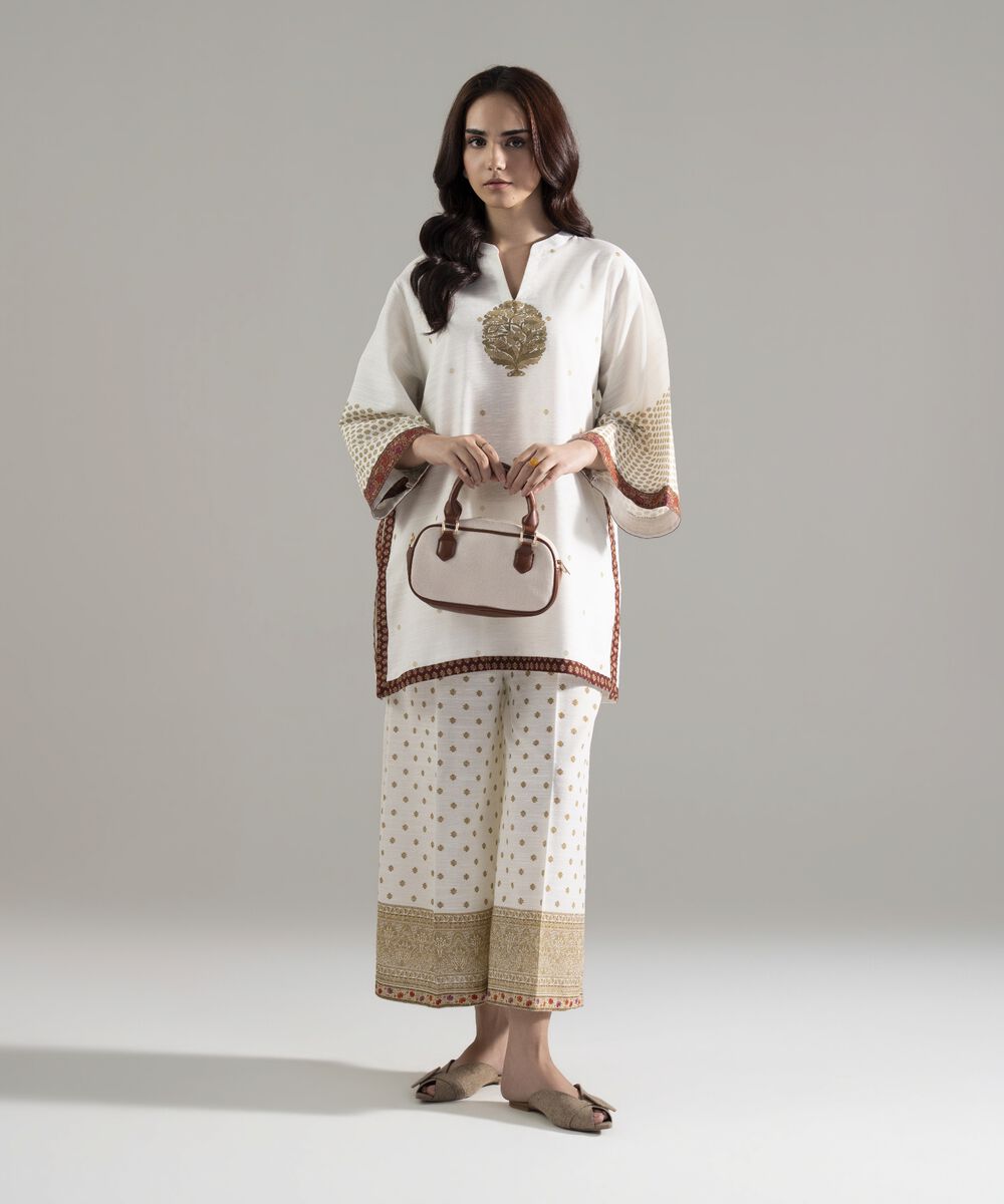 Women's RTW Khaddar Printed White Straight Shirt