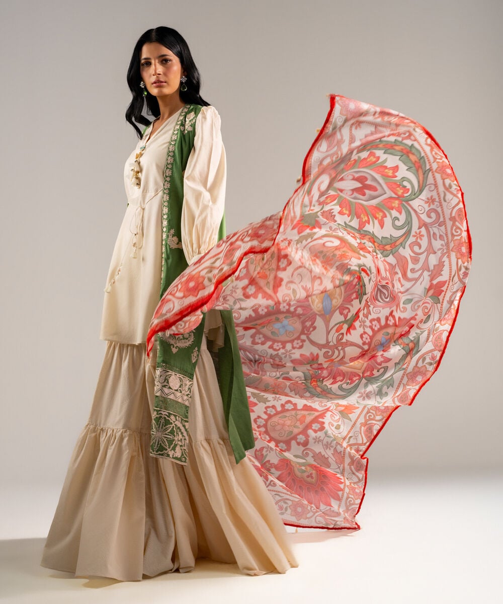 Women's RTW Self Jacquard Embroidered Green 3 Piece Suit