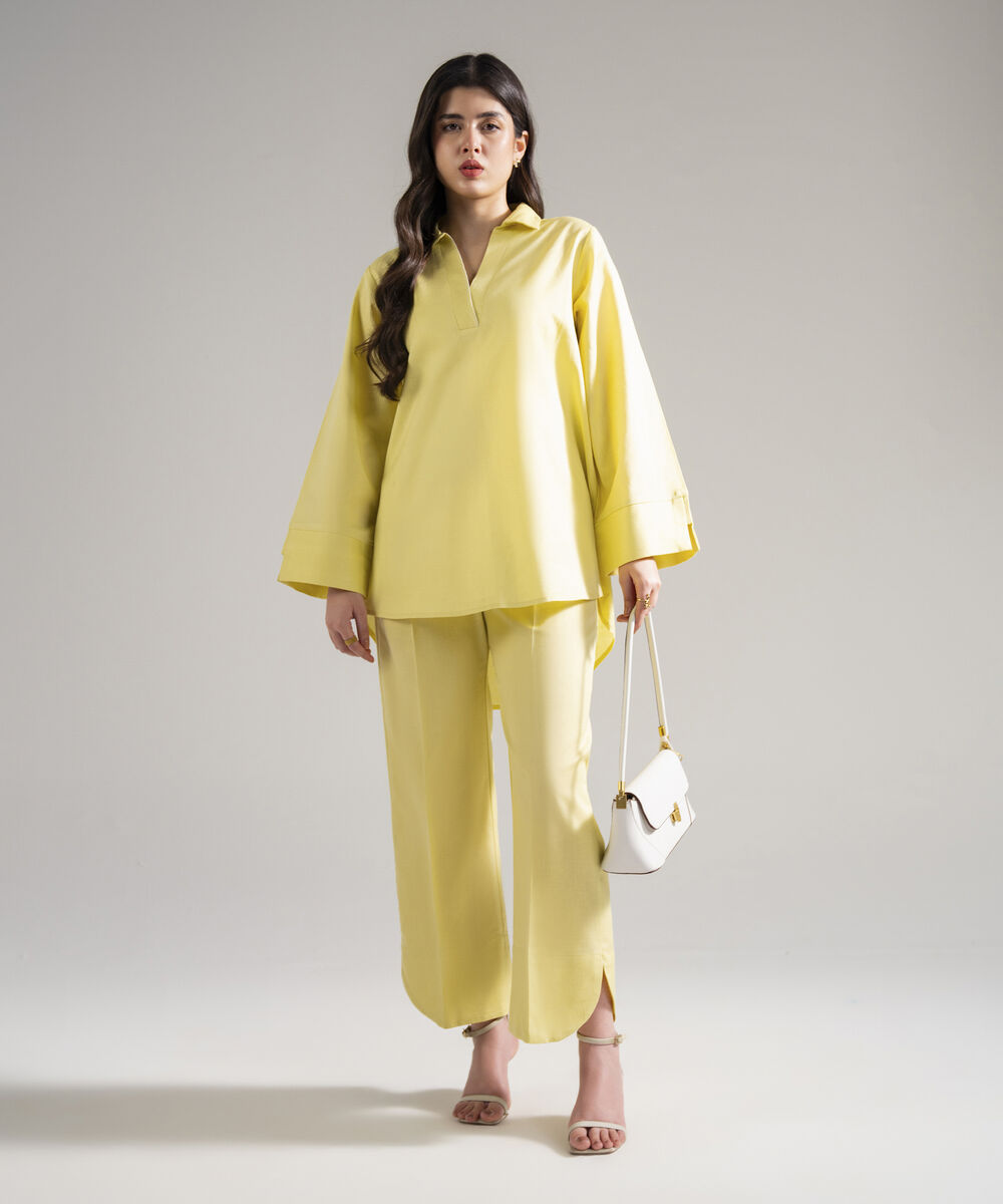Women's RTW Cotton Linen Solid Lime Green 2 Piece Suit