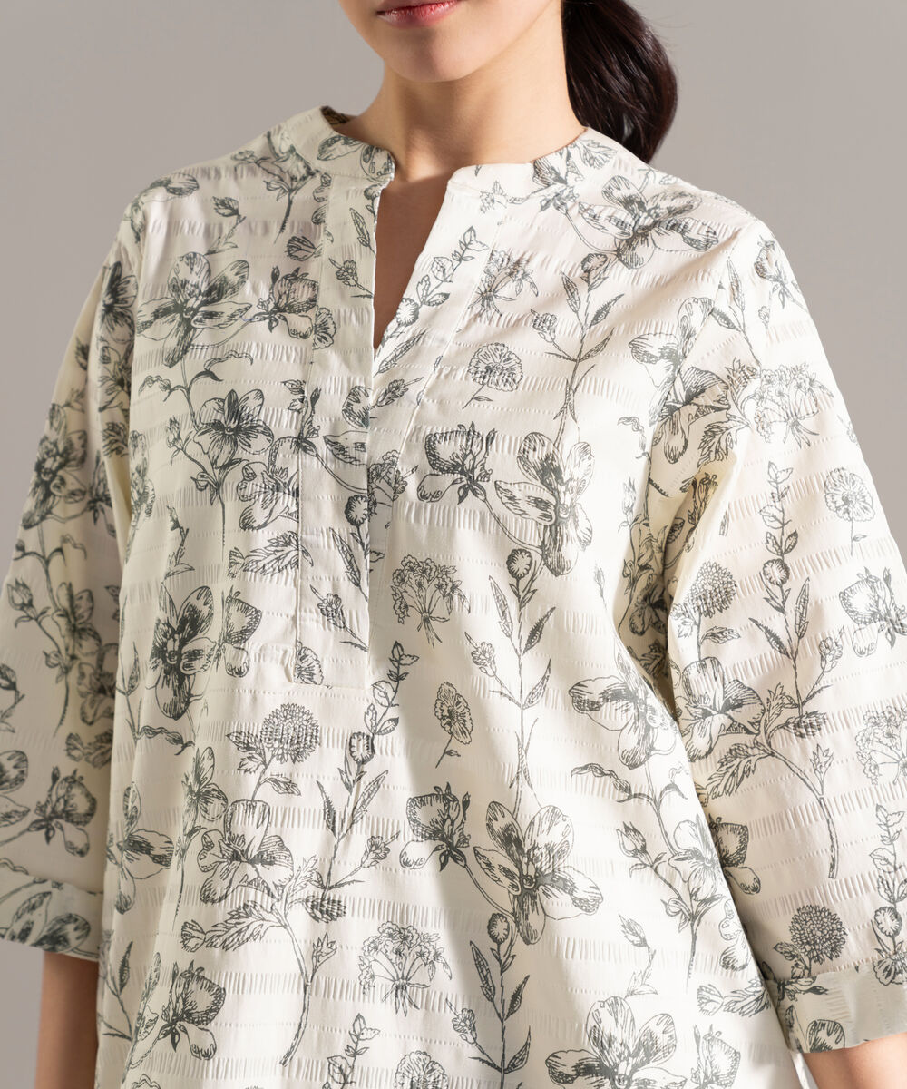Women's RTW Seersucker Printed Cream White 2 Piece Suit