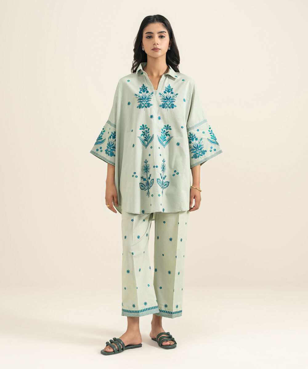 Women's RTW Dobby Embroidered Green Drop Shoulder Shirt