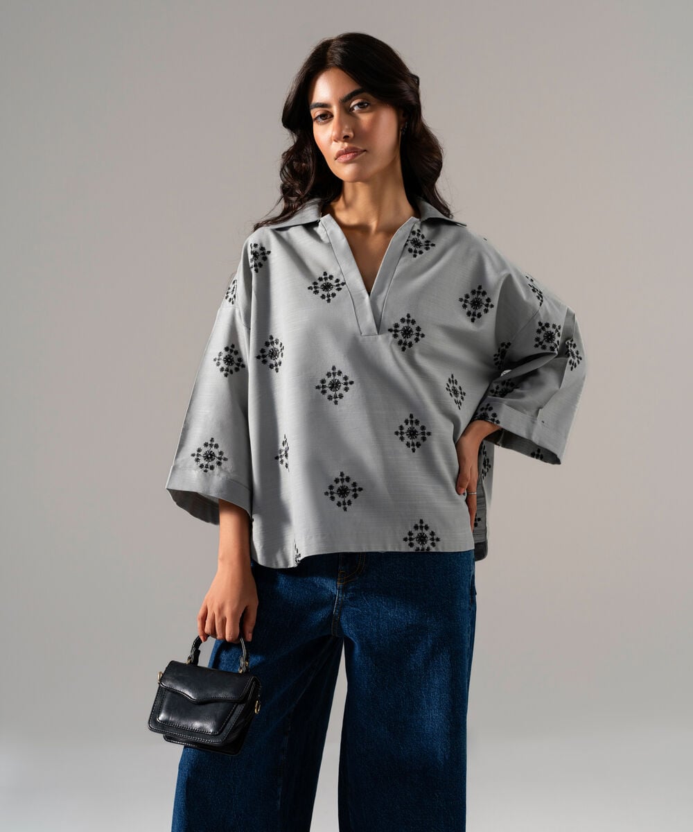Women's RTW Solid Embroidered Steel Blue Khaddar Shirt