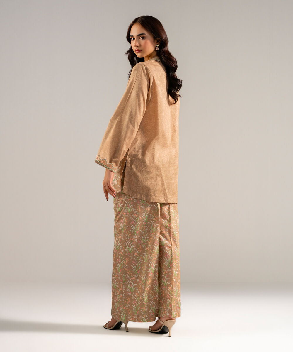 Women's RTW Lawn Embroidered Dark Beige Straight Shirt