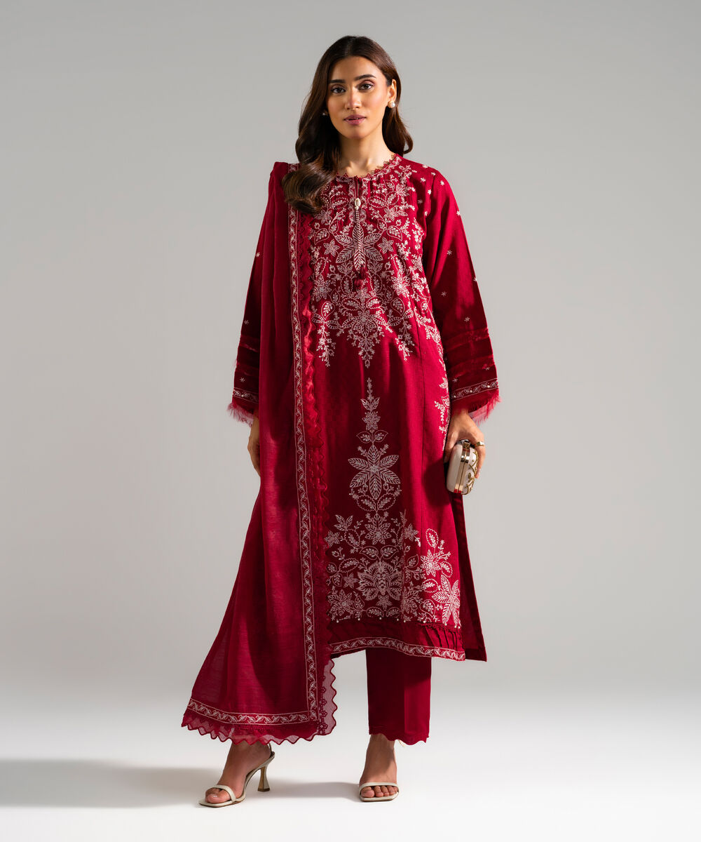 Women's RTW Textured Viscose Embroidered Maroon 3 Piece Suit