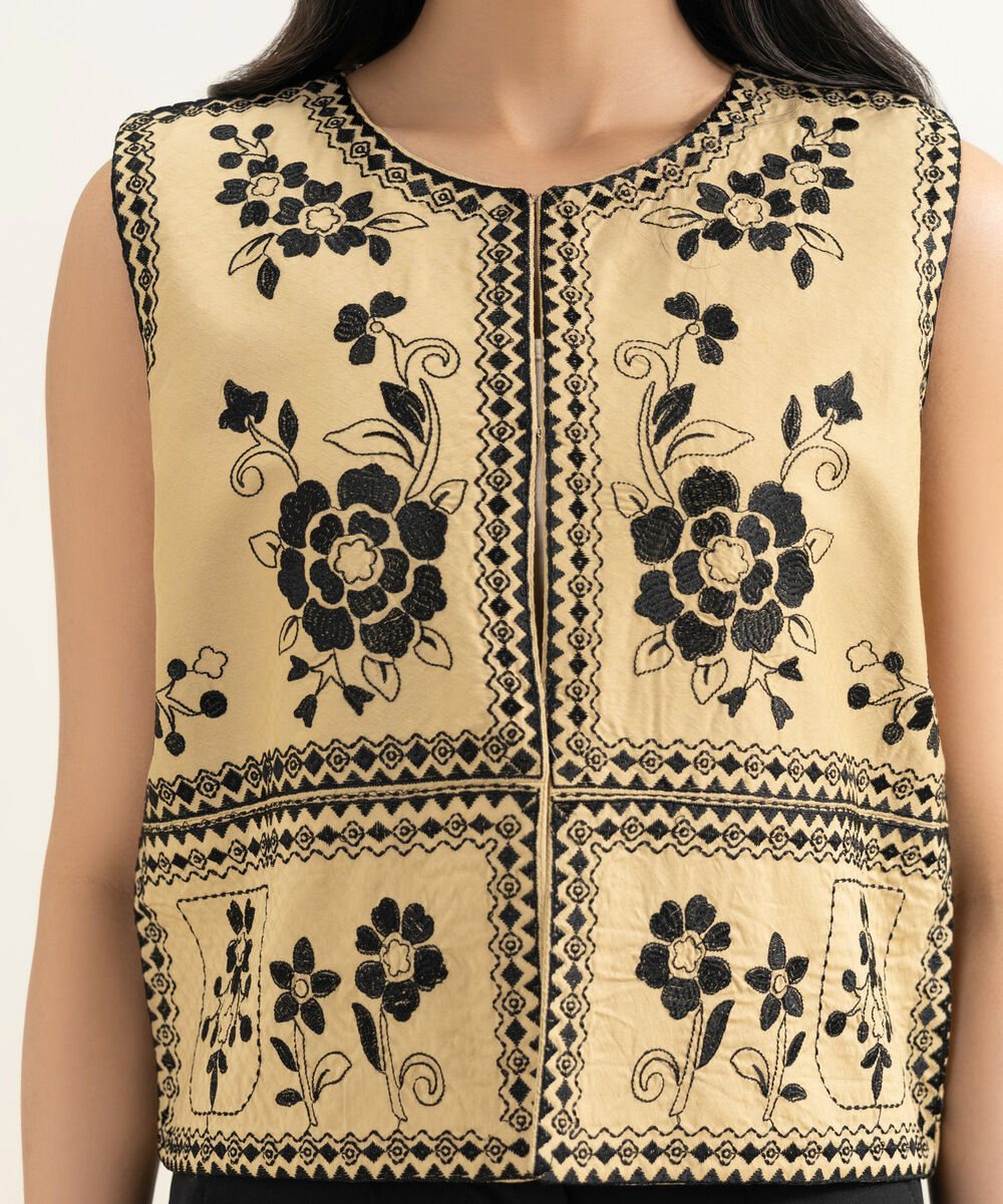 Women's RTW Dobby Embroidered Beige Waistcoat