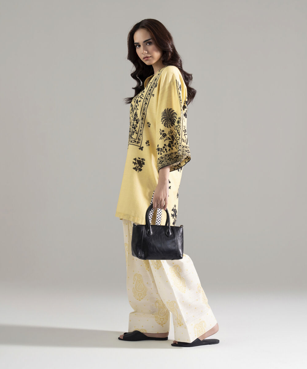 Women's RTW Khaddar Printed Butter Yellow Boxy Shirt