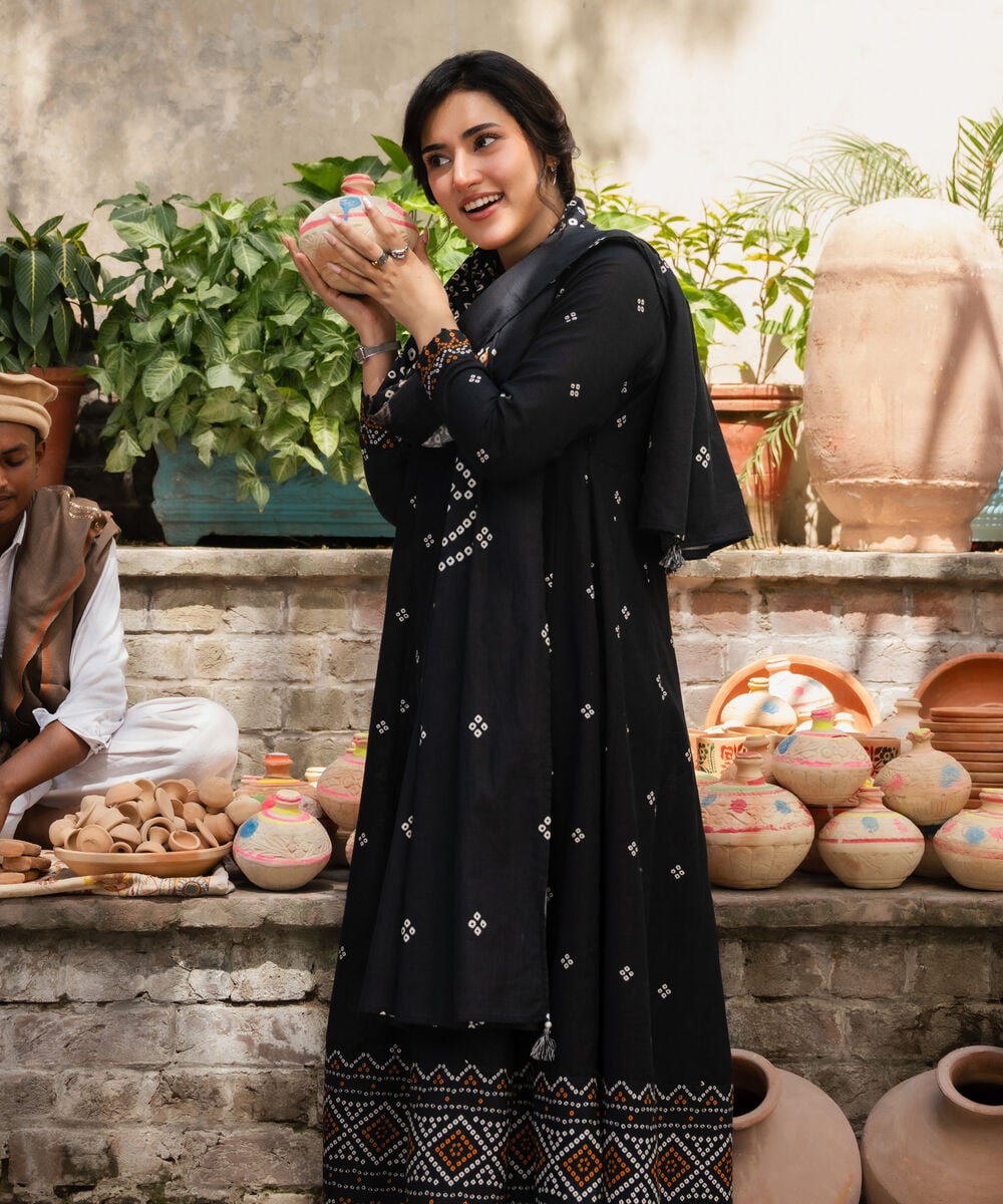 Women's RTW Khaddar Printed Black 3 Piece Suit