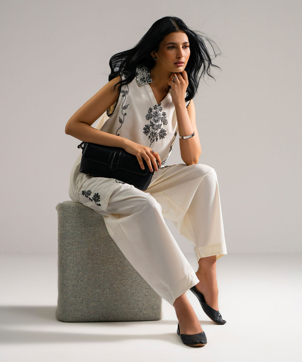 Women's RTW Dobby Embroidered White 2 Piece Suit