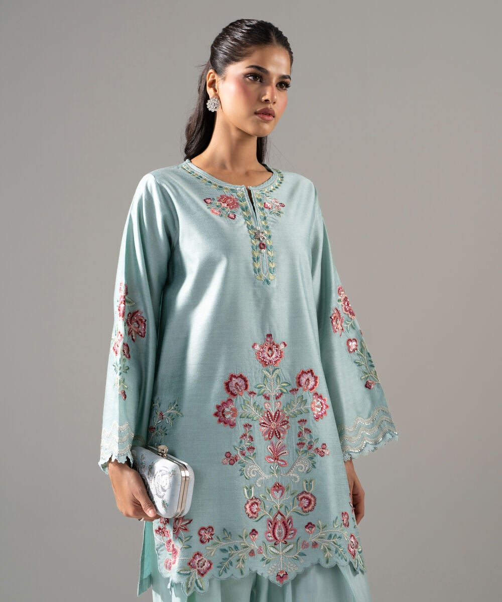 Women's RTW Cotton Net Solid Embroidered Blue 2 Piece Suit