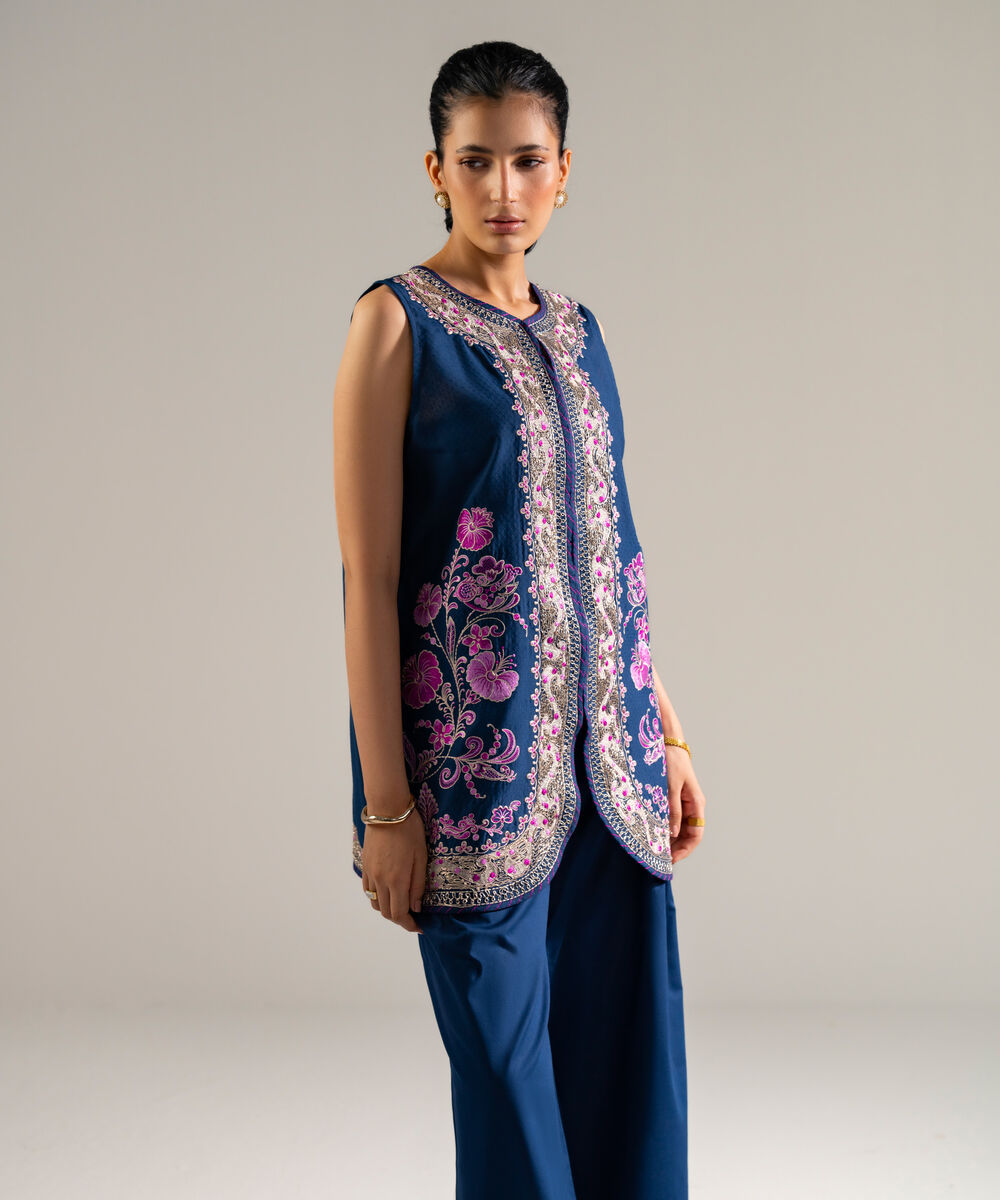 Women's RTW Dobby Embroidered Blue 2 Piece Suit