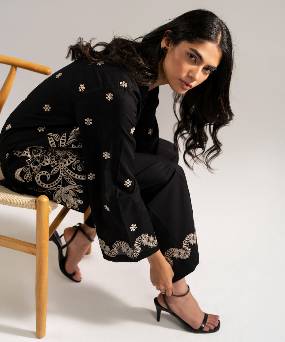 Women's RTW Self Jacquard Embroidered Black 2 Piece Suit