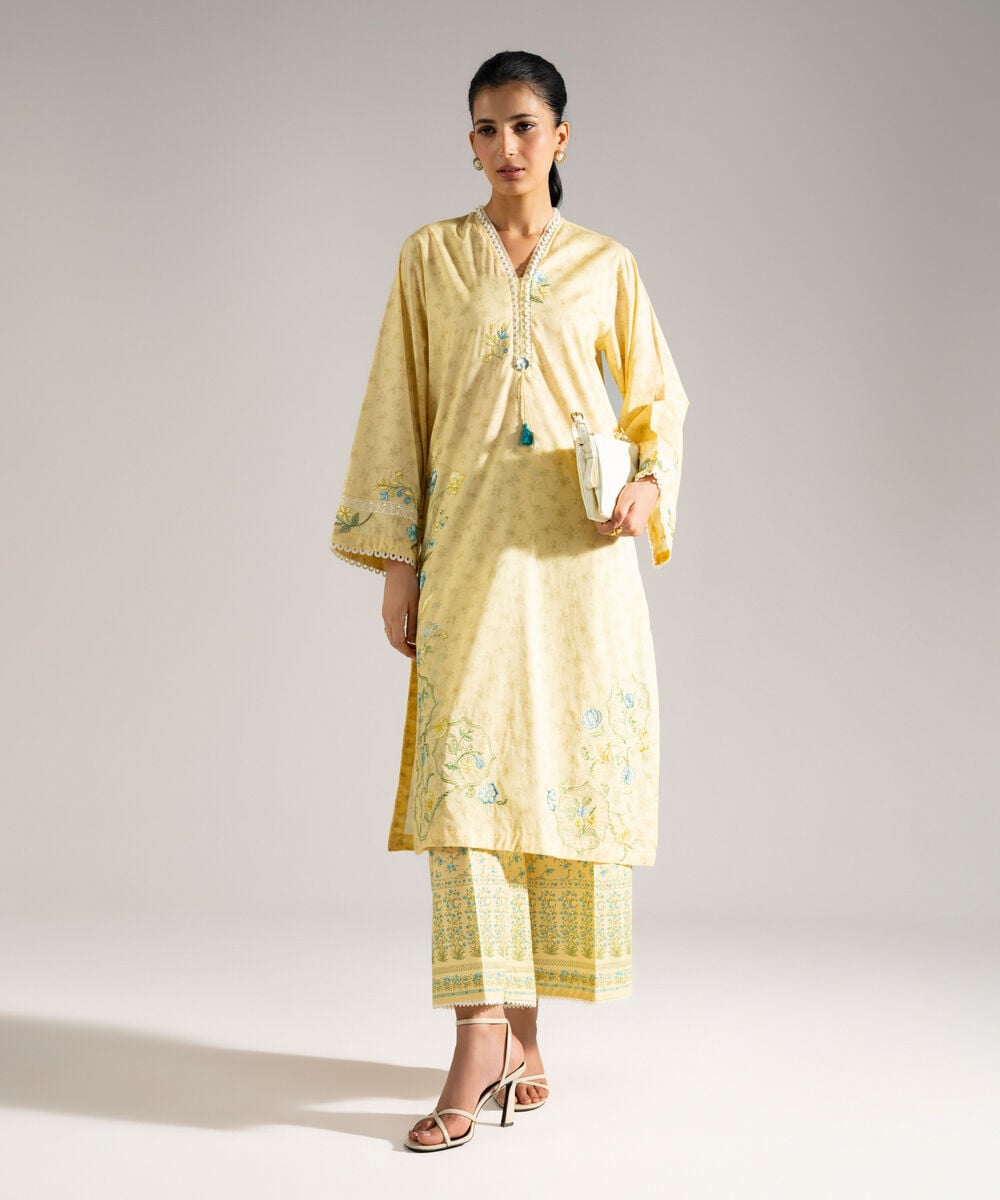 Women's RTW Lawn Embroidered Pale Yellow A-Line Shirt