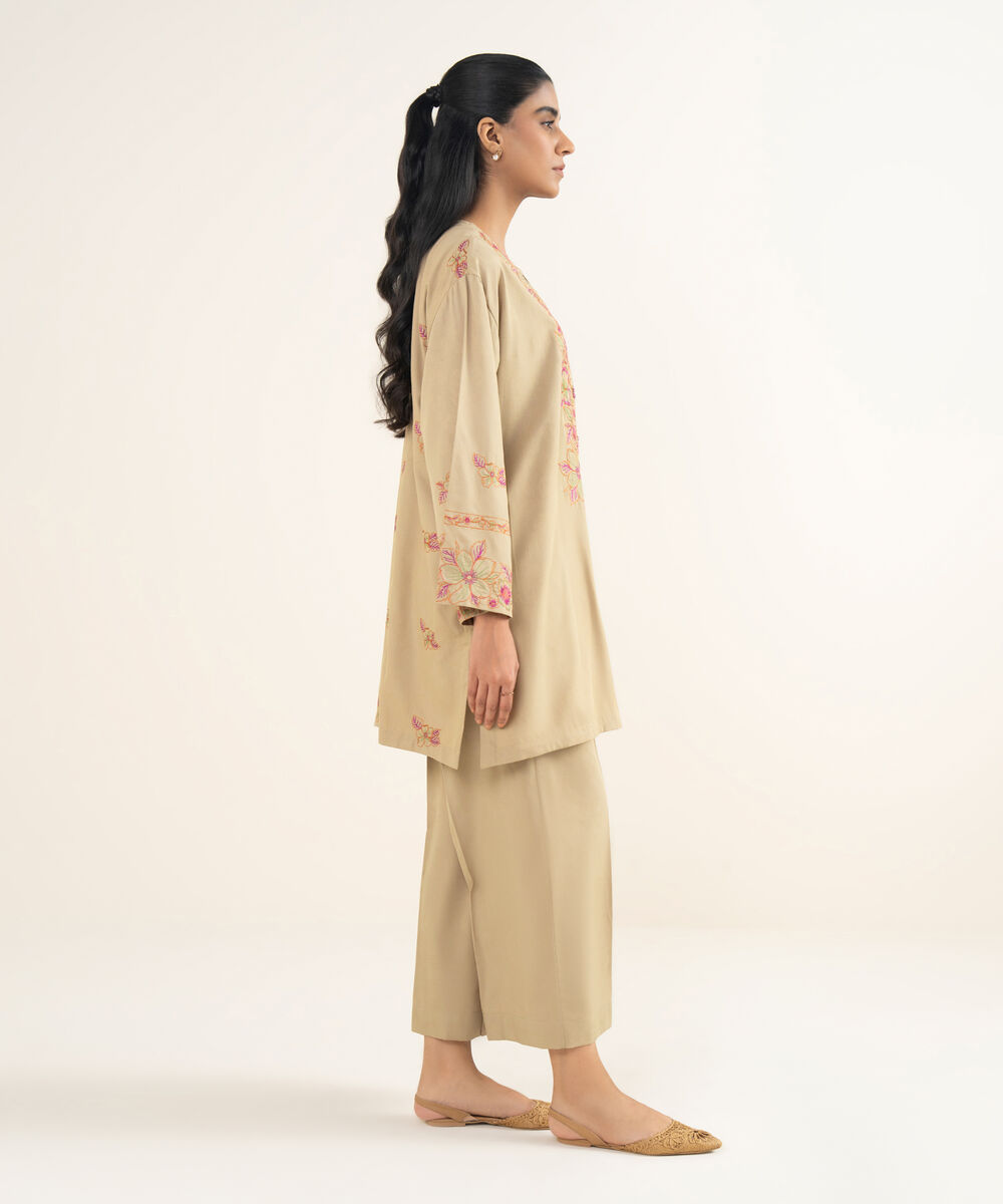 Women's RTW Self Jacquard Leno Embroidered Beige Drop Shoulder Shirt
