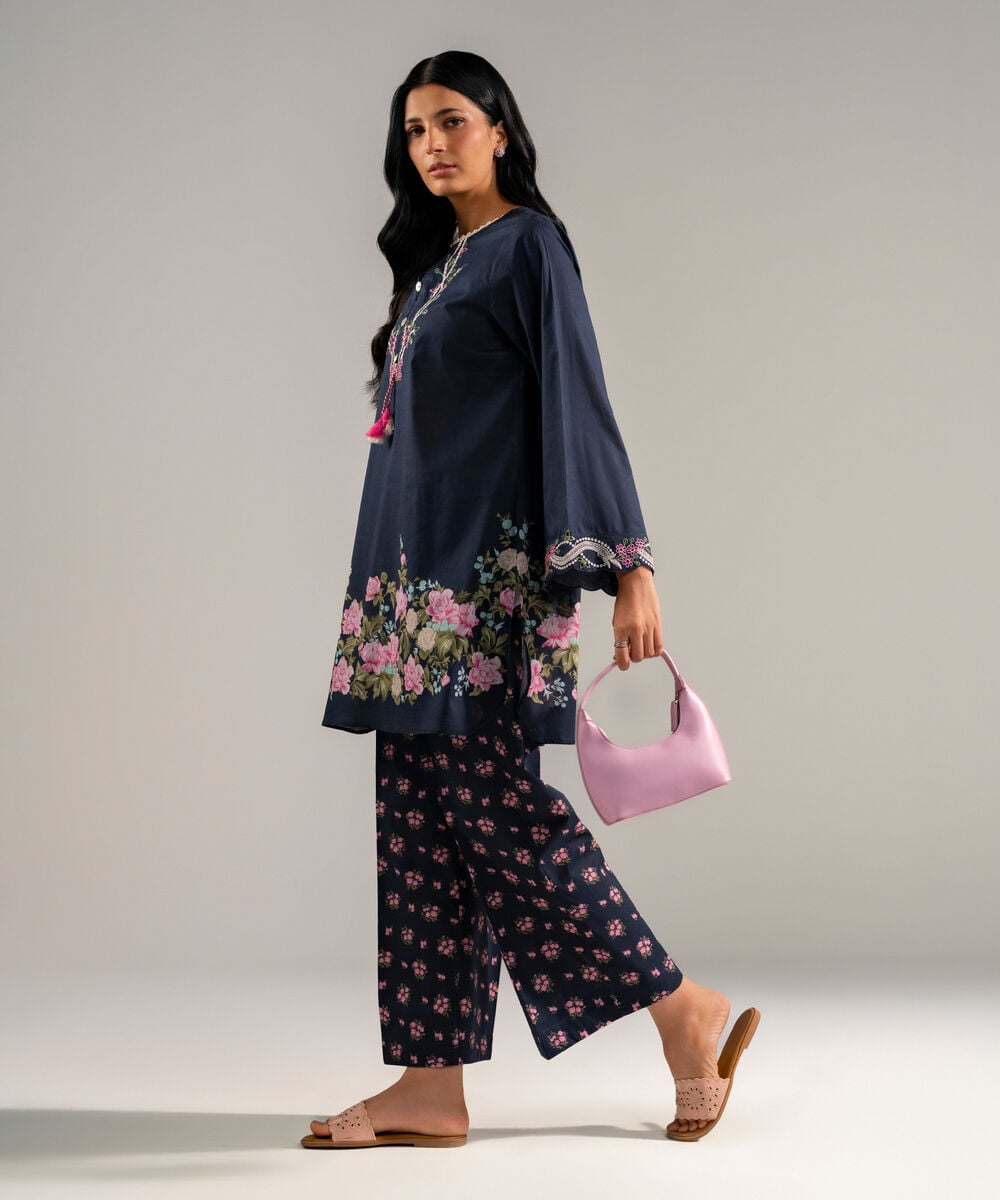 Women's RTW Lawn Embroidered Blue Straight Shirt