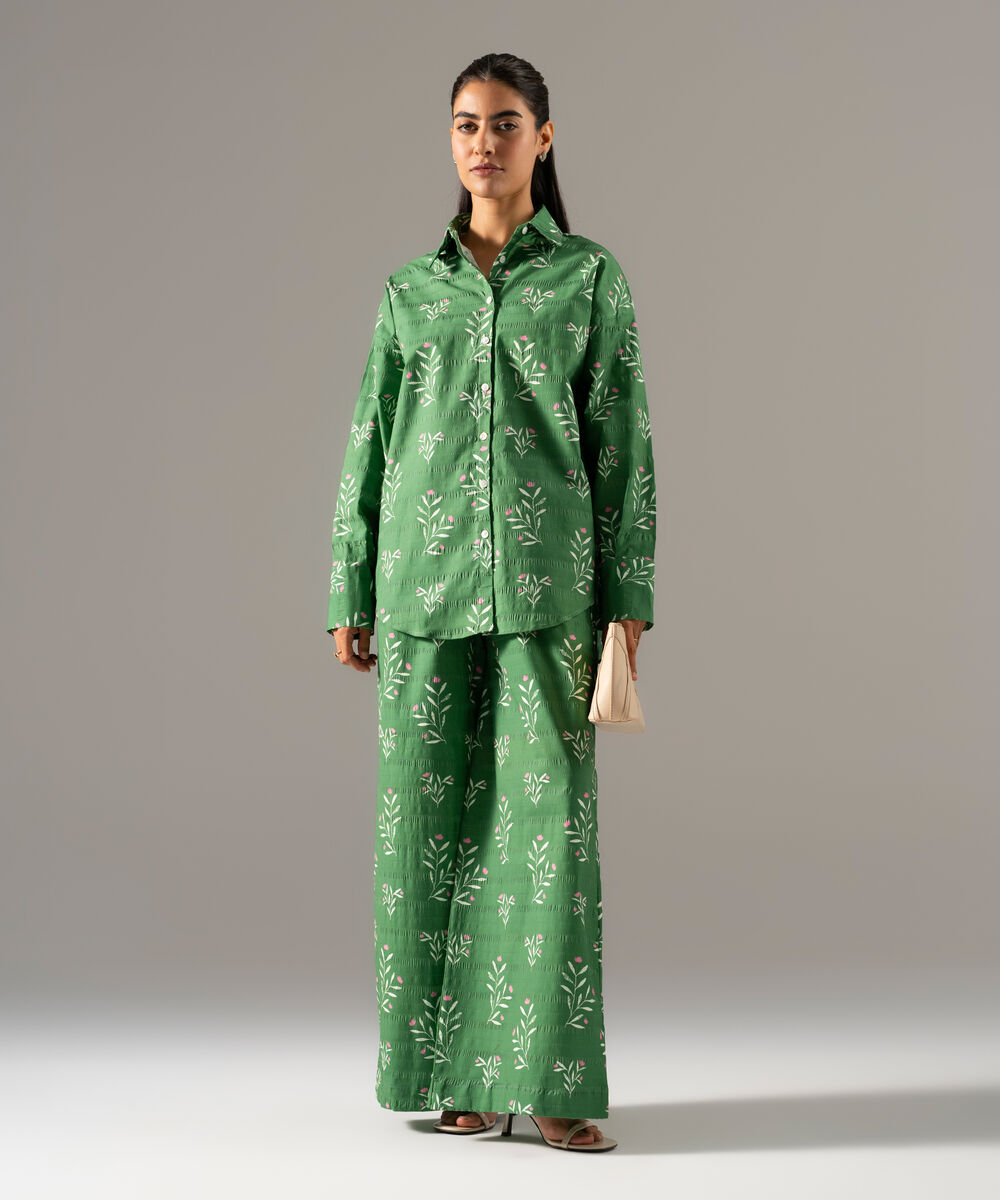 Women's RTW Seersucker Printed Green 2 Piece Suit