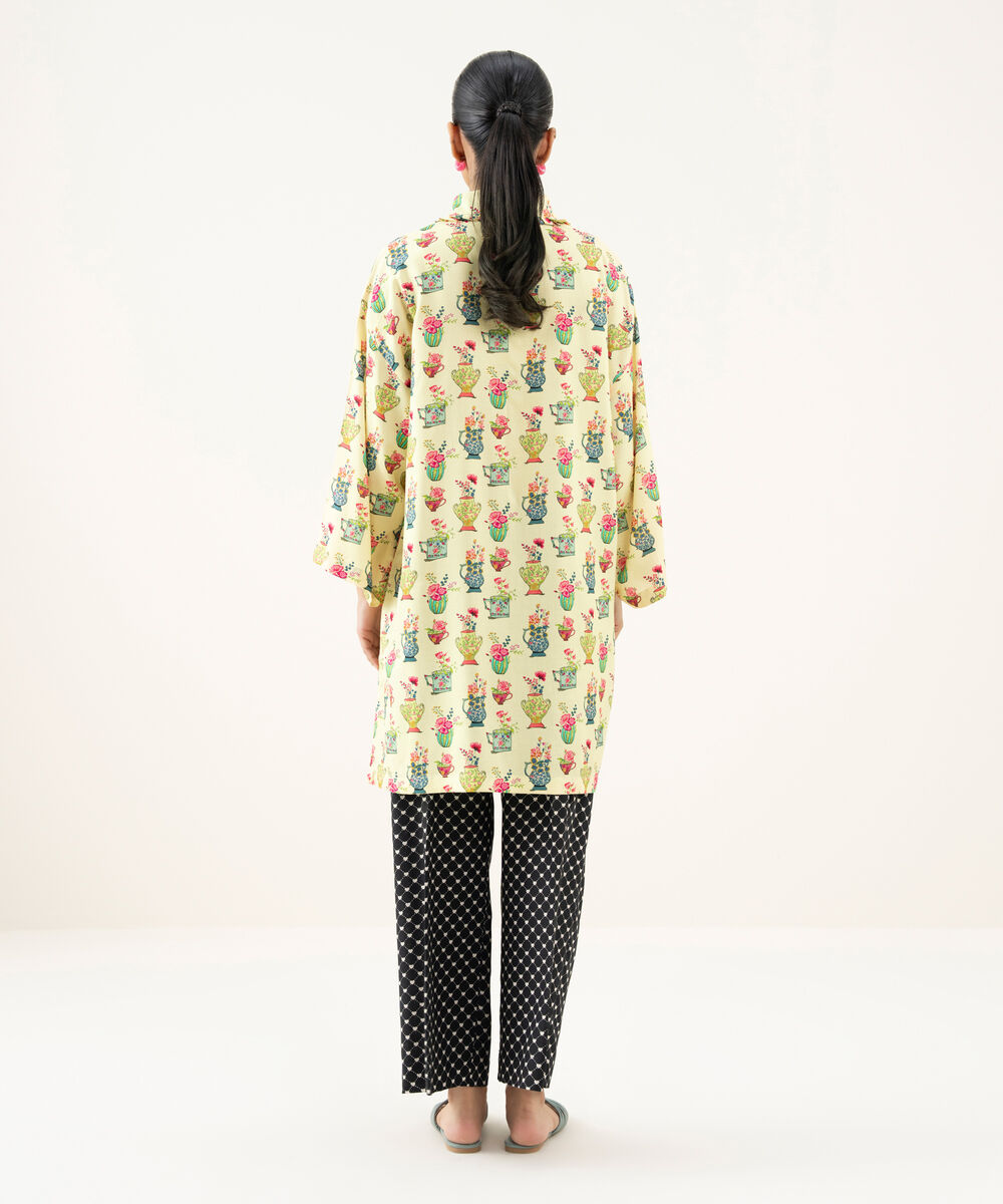 Women's RTW Linen Viscose Printed Pale Yellow Drop Shoulder Shirt