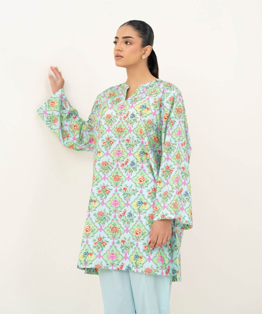 Women's RTW Cambric Printed Blue Straight Shirt