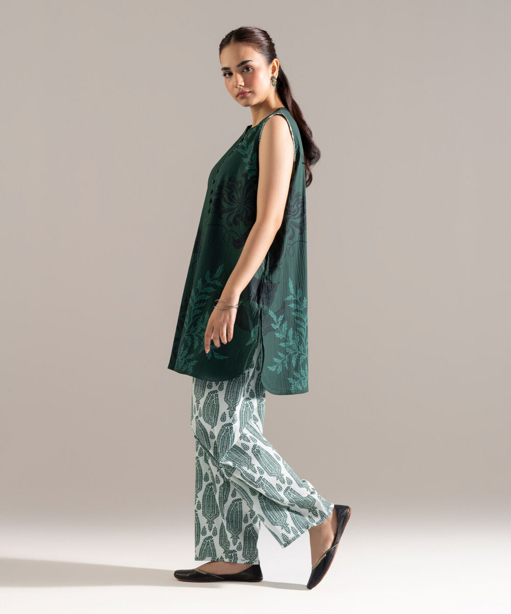 Women's RTW Seersucker Printed Teal Straight Shirt