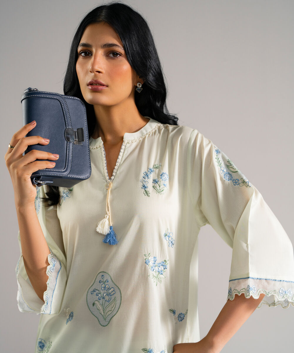 Women's RTW Lawn Embroidered Mint Green Straight Shirt