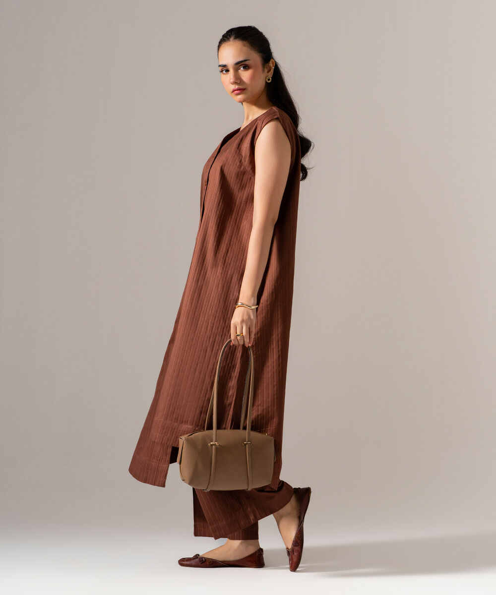 Women's RTW Dobby Strip Solid Brown 2 Piece Suit