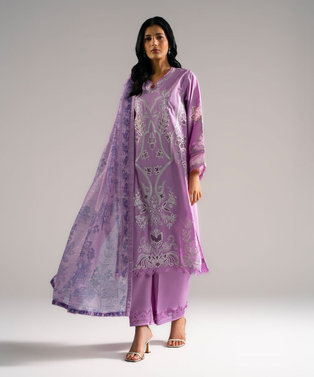 Women's RTW Lawn Embroidered Lilac 3 Piece Suit