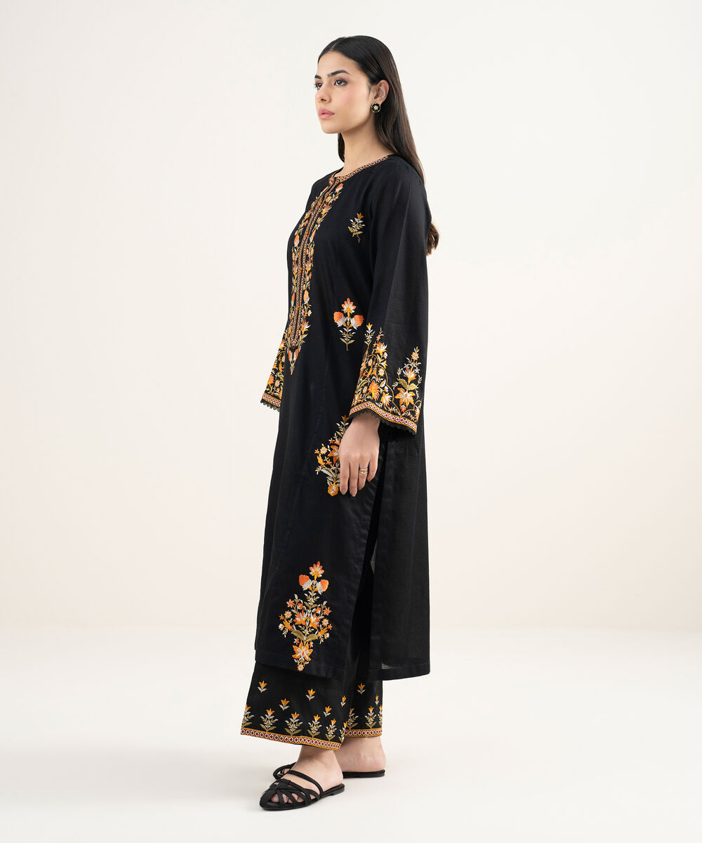 Women's RTW Dobby Embroidered Black A-Line Shirt