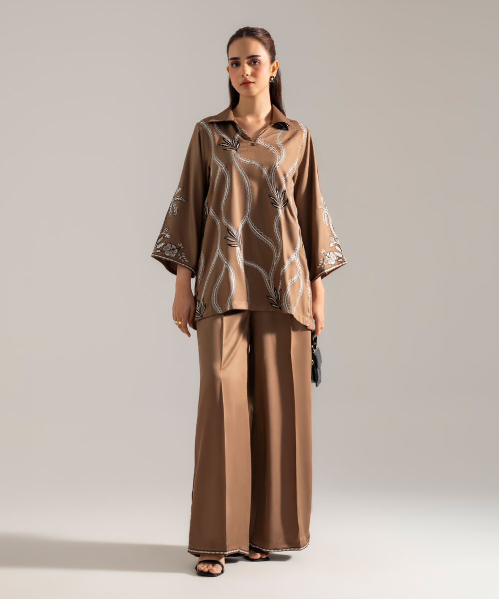 Women's RTW Solid Embroidered Dark Beige Bedford Shirt