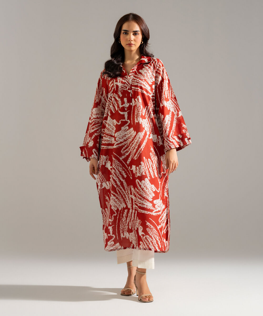 Women's RTW Slub Lawn Printed Red A-Line Shirt
