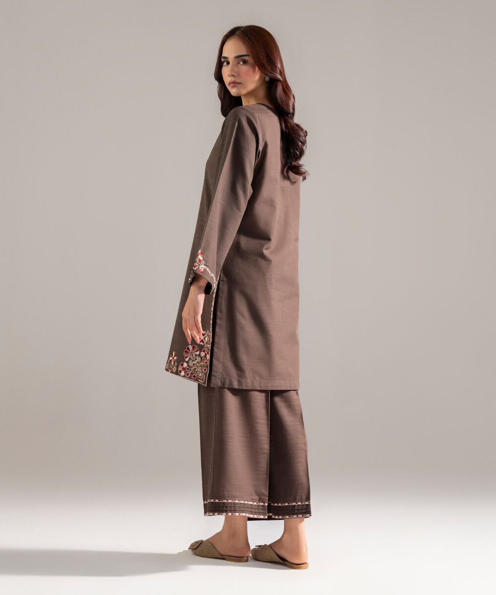 Women's RTW Khaddar Solid Embroidered Brown Straight Shirt