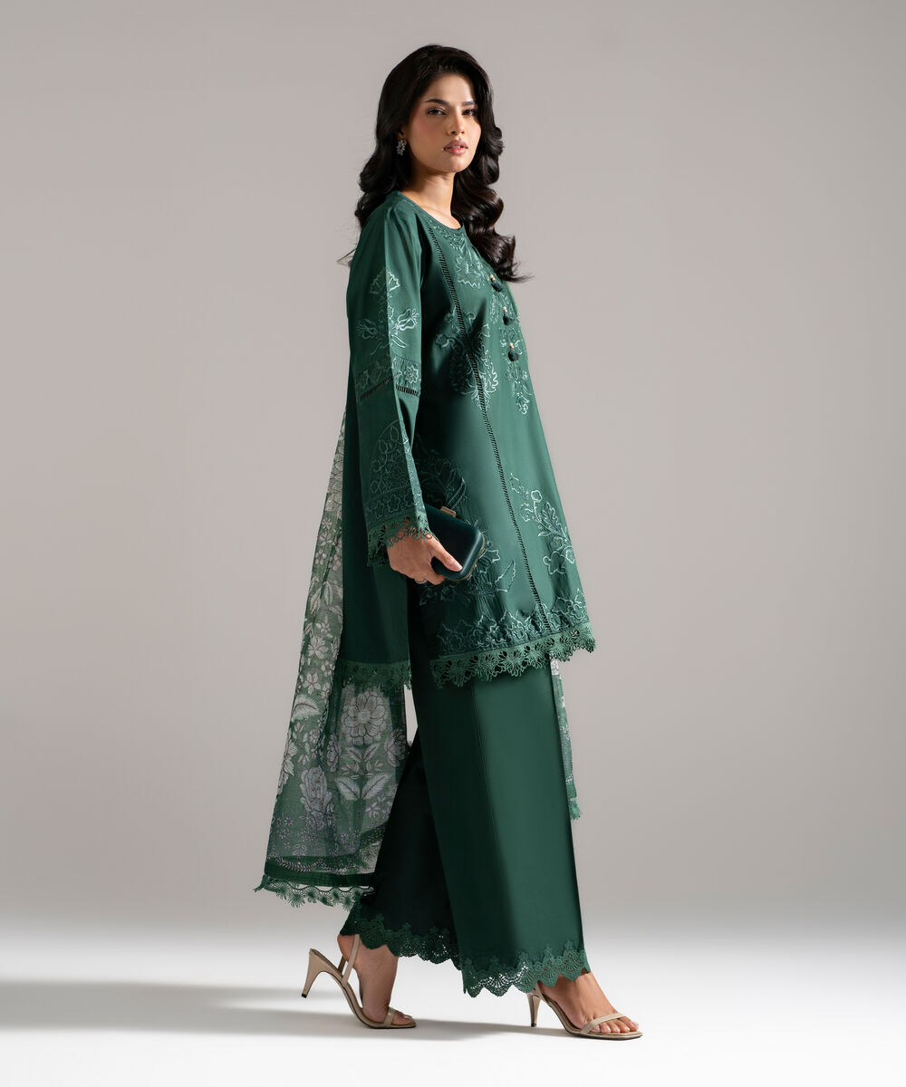 Women's RTW Lawn Embroidered Green 3 Piece Suit