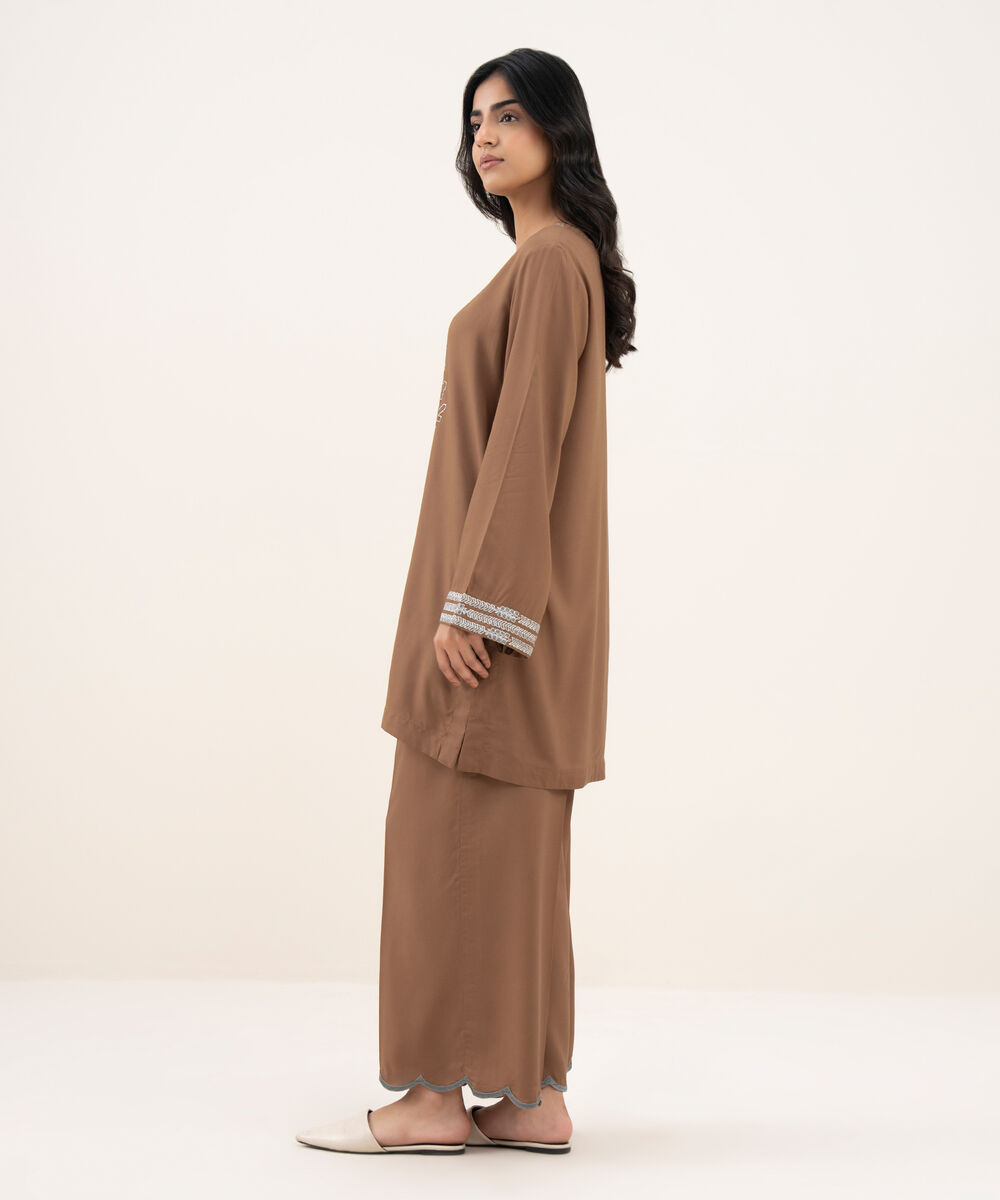 Women's RTW Khaddar Embroidered Straight Brown Shirt