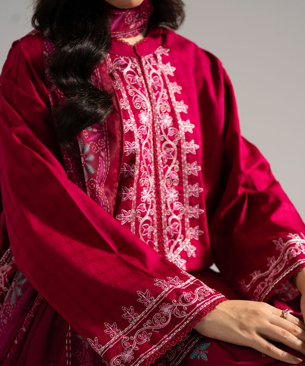 Women's RTW Dobby Embroidered Pink 3 Piece Suit