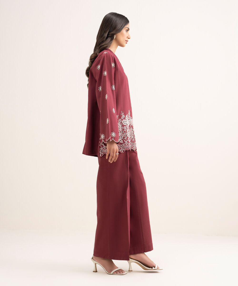 Women's RTW Dobby Embroidered Red Straight Shirt