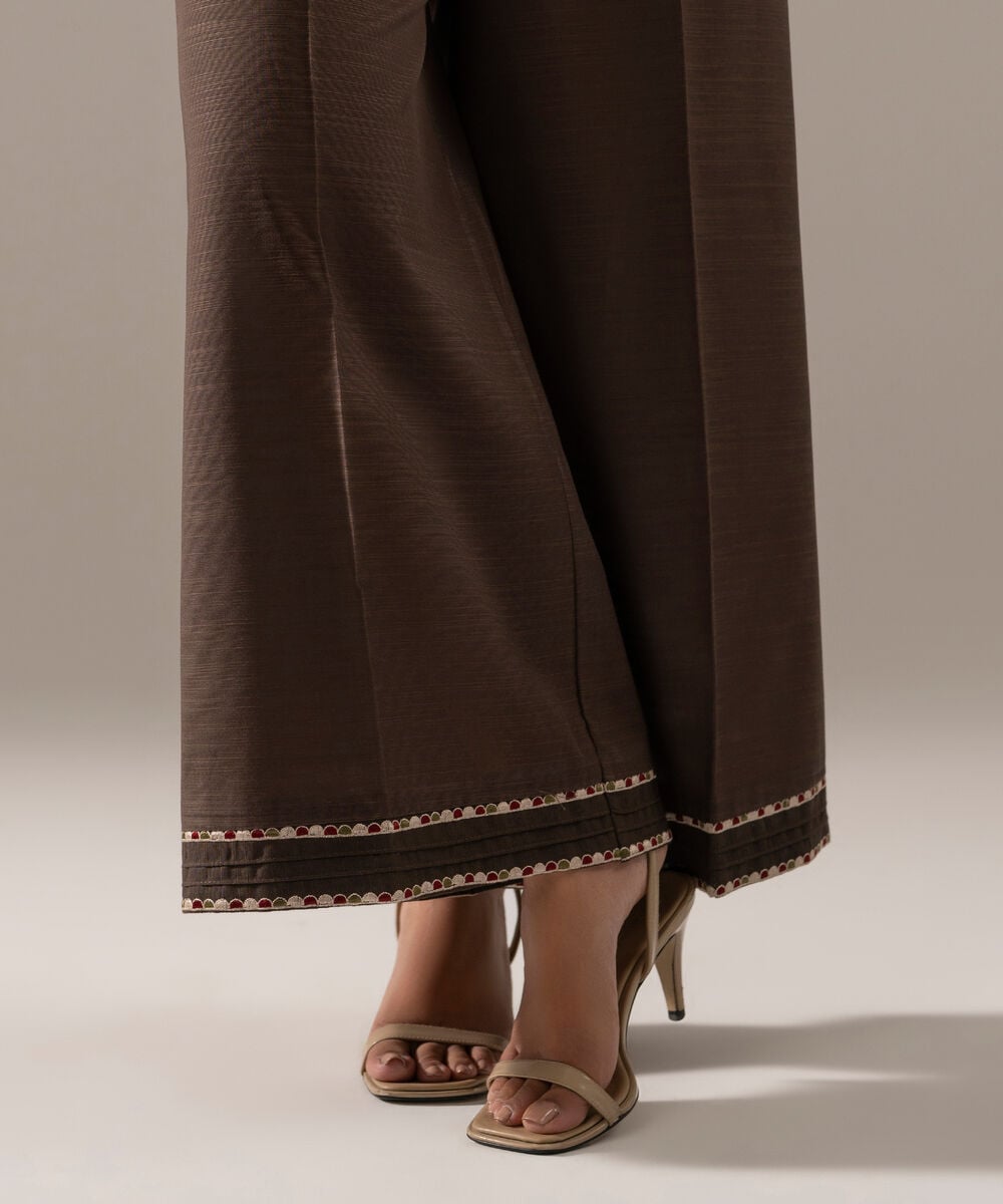 Women's RTW Khaddar Solid Brown Flared Pants