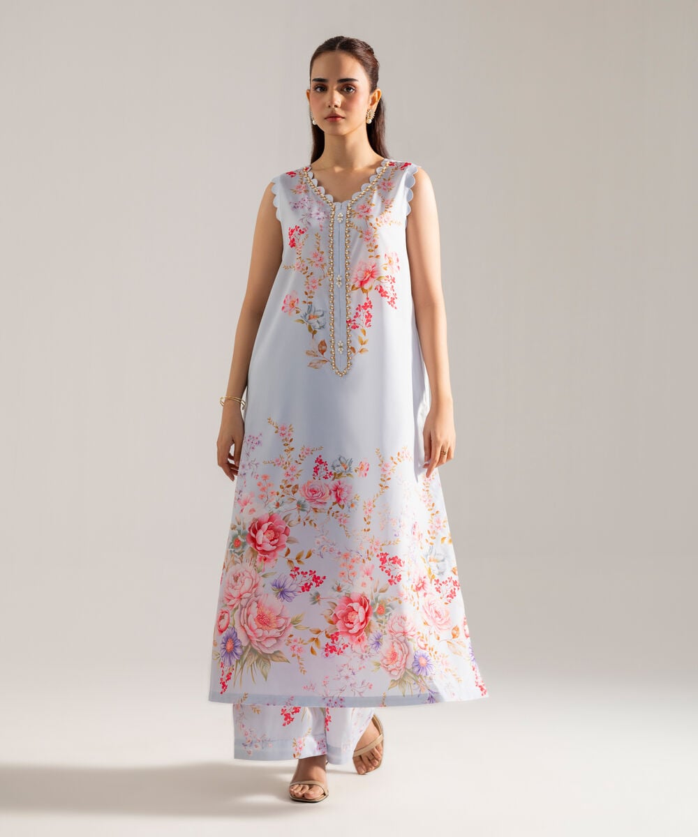 Women's RTW Printed Blue Blended Grip 2 Piece Suit