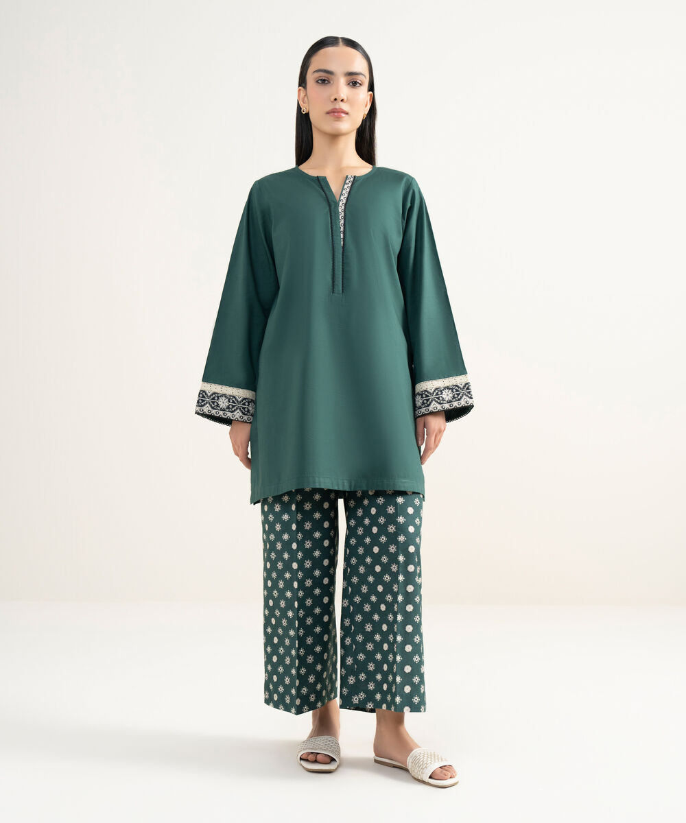 Women's RTW Cambric Solid Green Straight Shirt
