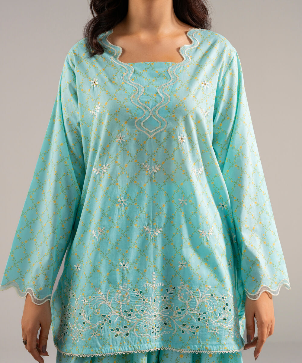 Women's RTW Lawn Embroidered Turquoise Straight Shirt