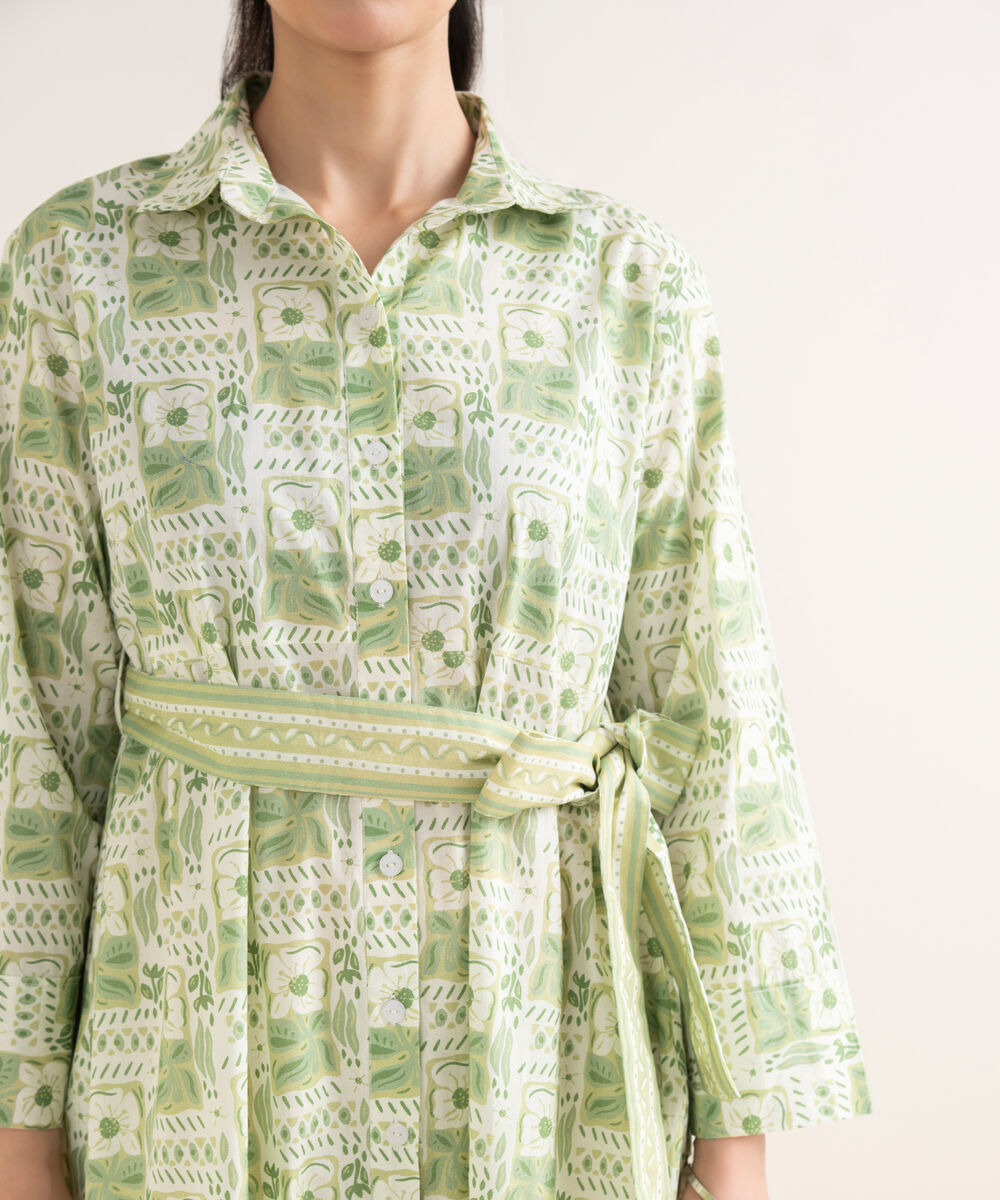 Women's RTW Cambric Printed Green Dress