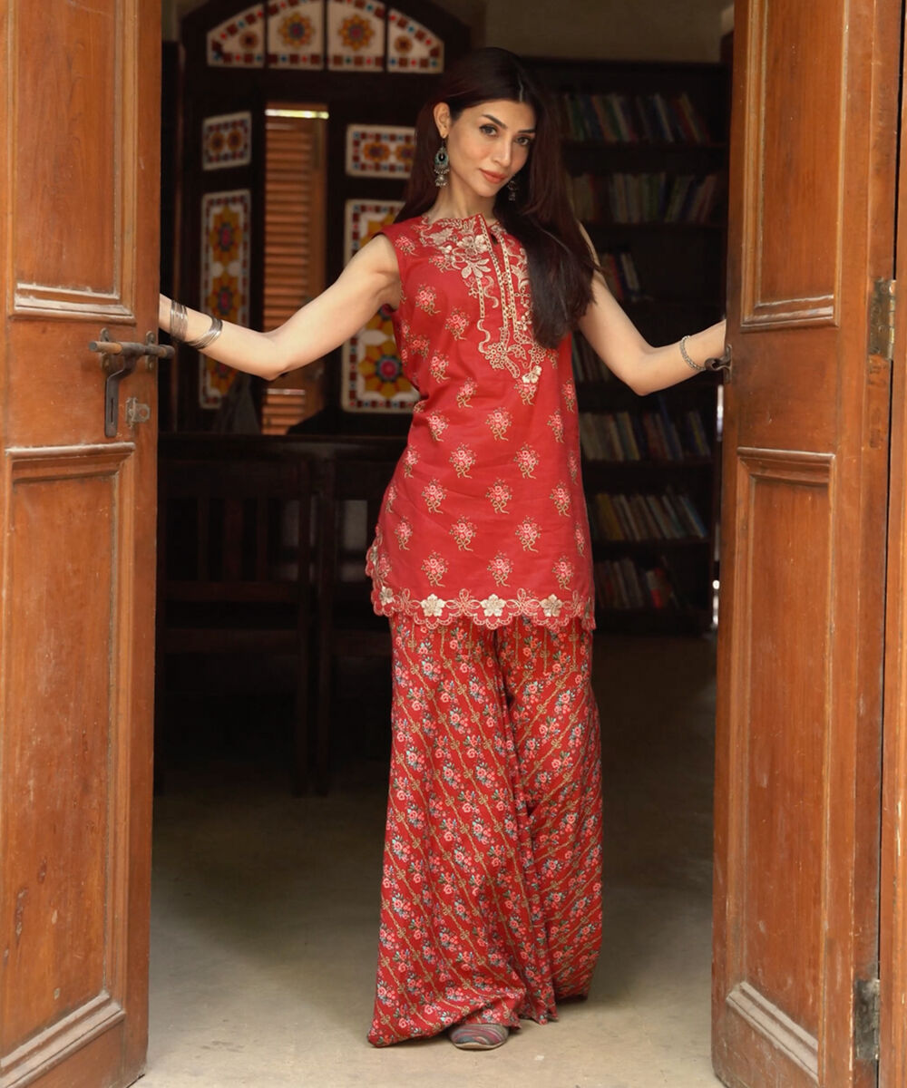 Women's RTW Lawn Embroidered Maroon Straight Shirt