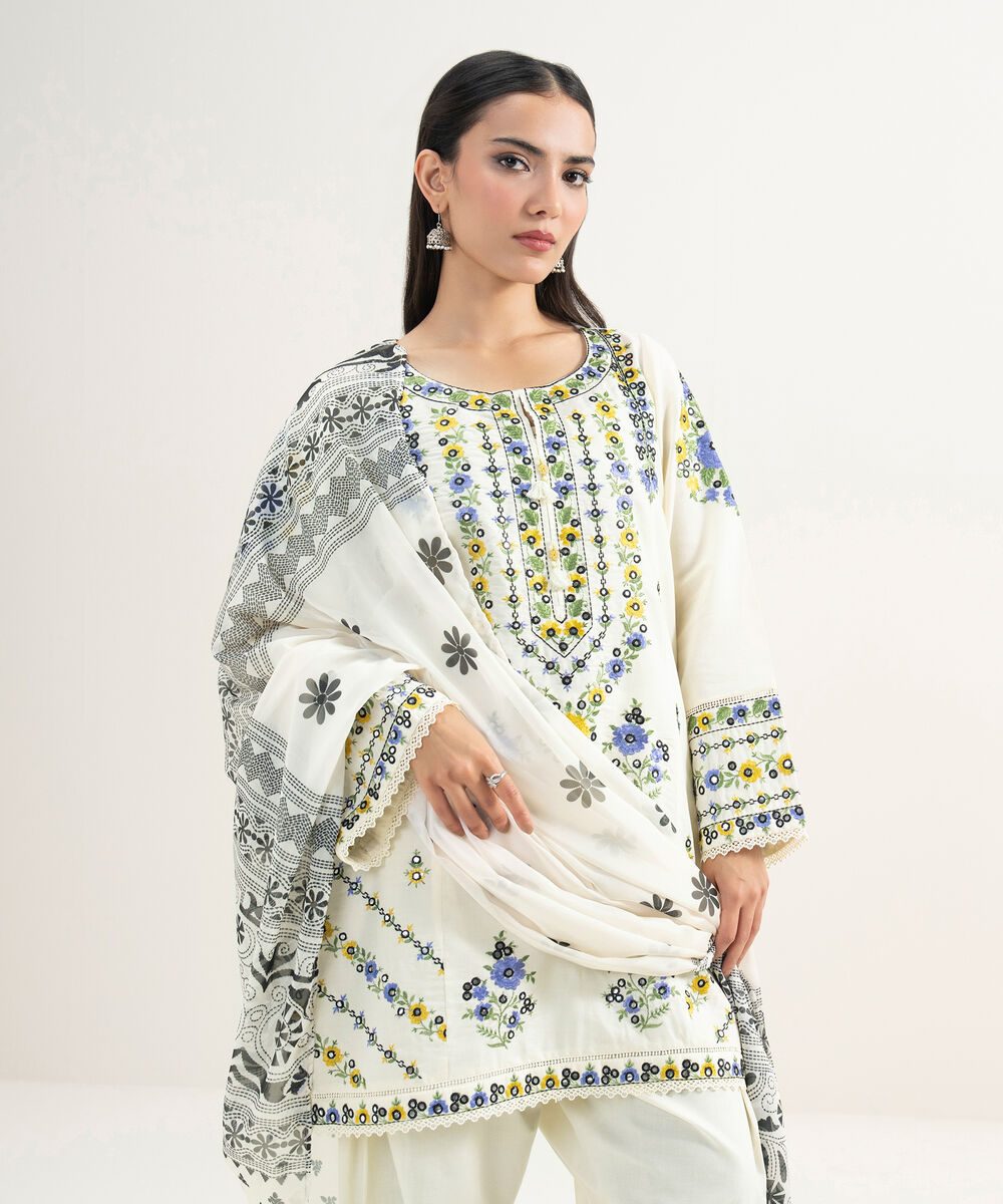 Women's RTW Zari Lawn Embroidered Off White 3 Piece Suit