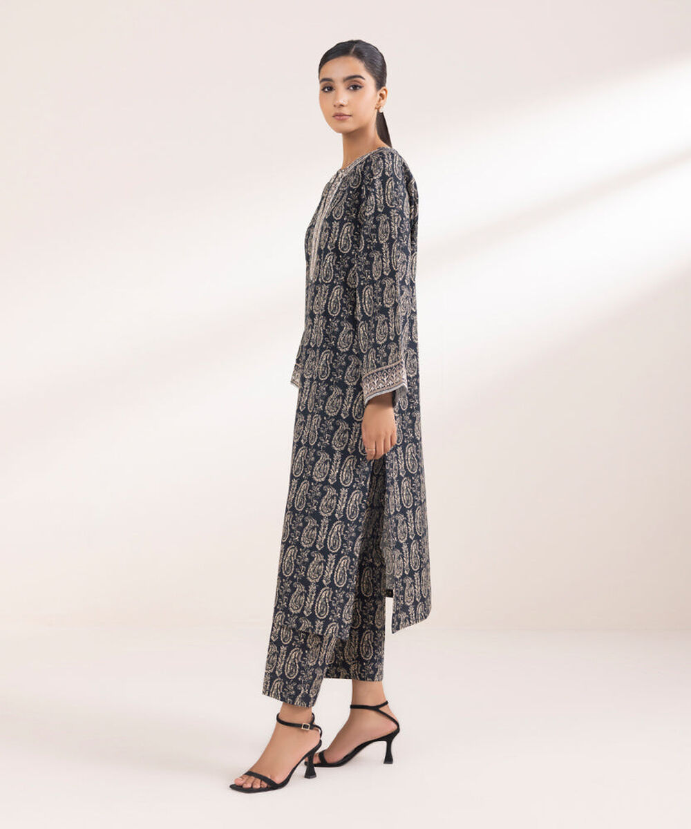 Women's Pret Printed Embroidered Navy Blue Light Khaddar A Line Shirt