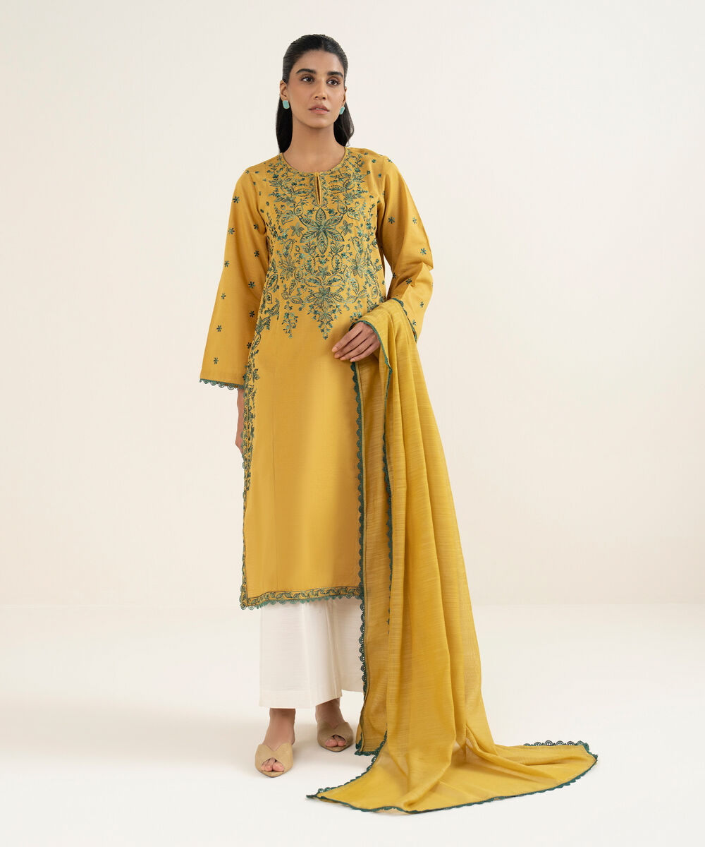 Women's RTW Light Khaddar Embroidered Yellow A-Line Shirt