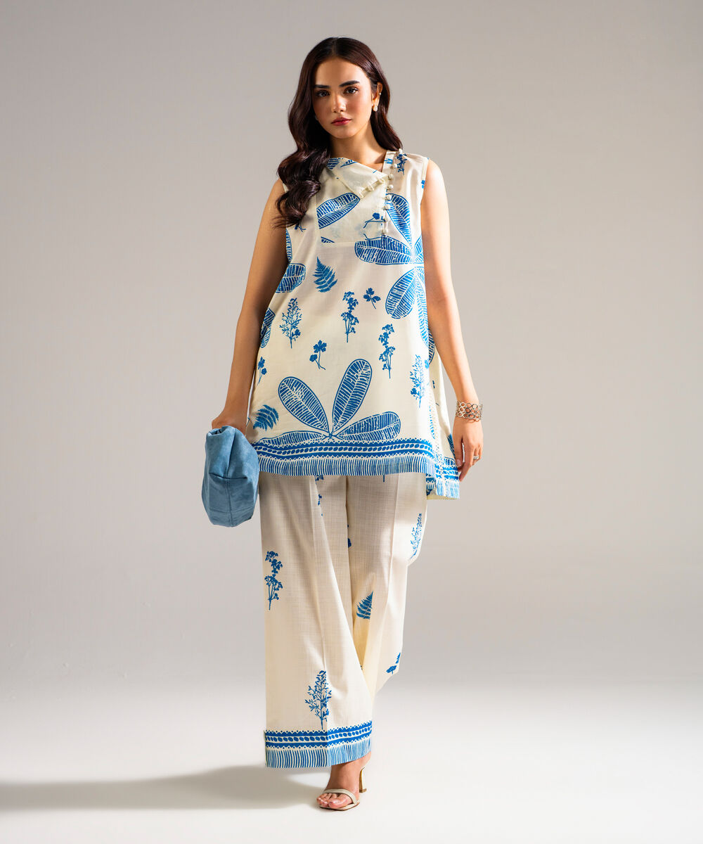 Women's RTW Slub Lawn Printed Off White Straight Shirt