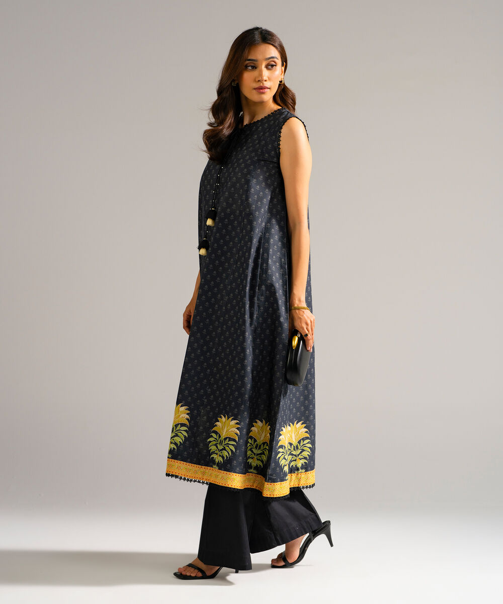 Women's RTW Slub Lawn Printed Black Flared Shirt