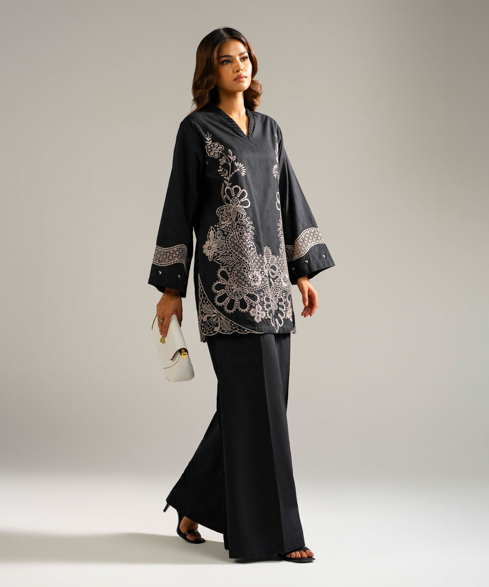 Women's RTW Self Jacquard Embroidered Black 2 Piece Suit